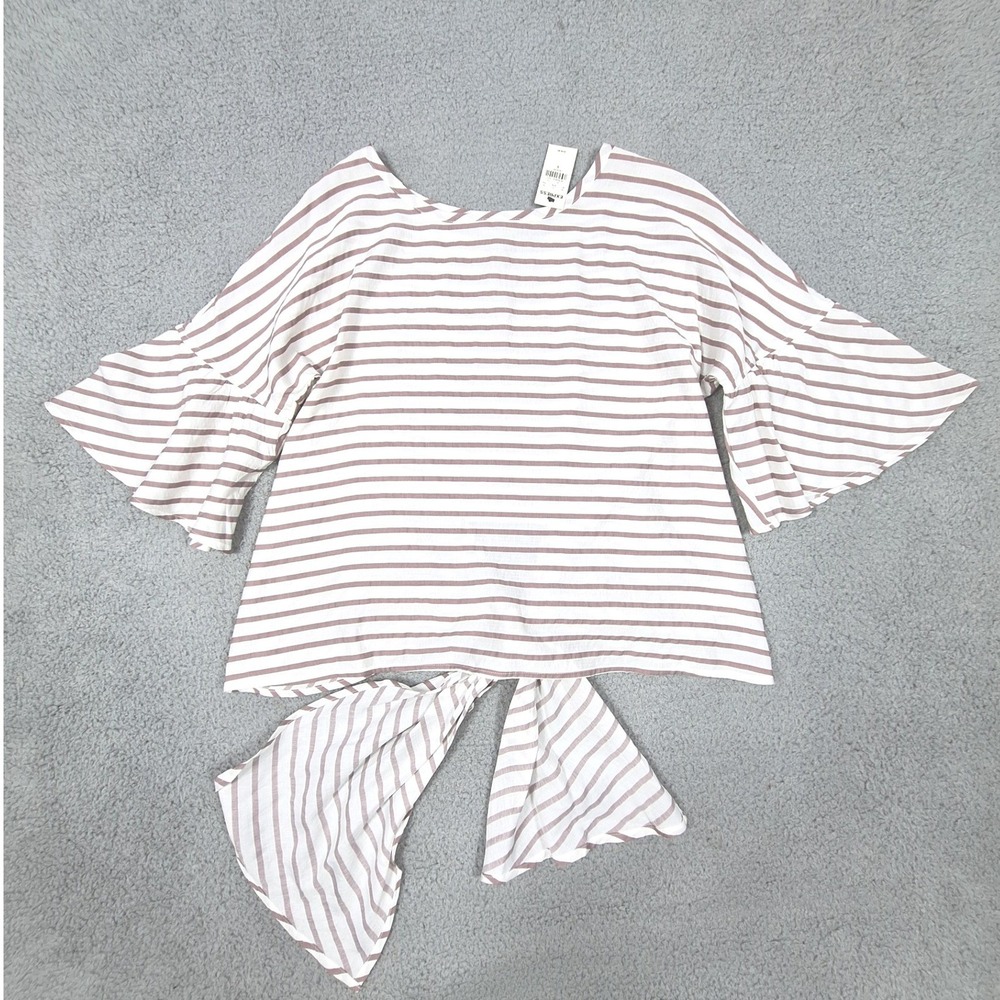 Express Blouse Womens Small White Mauve Striped Bell Sleeve Tie Back New